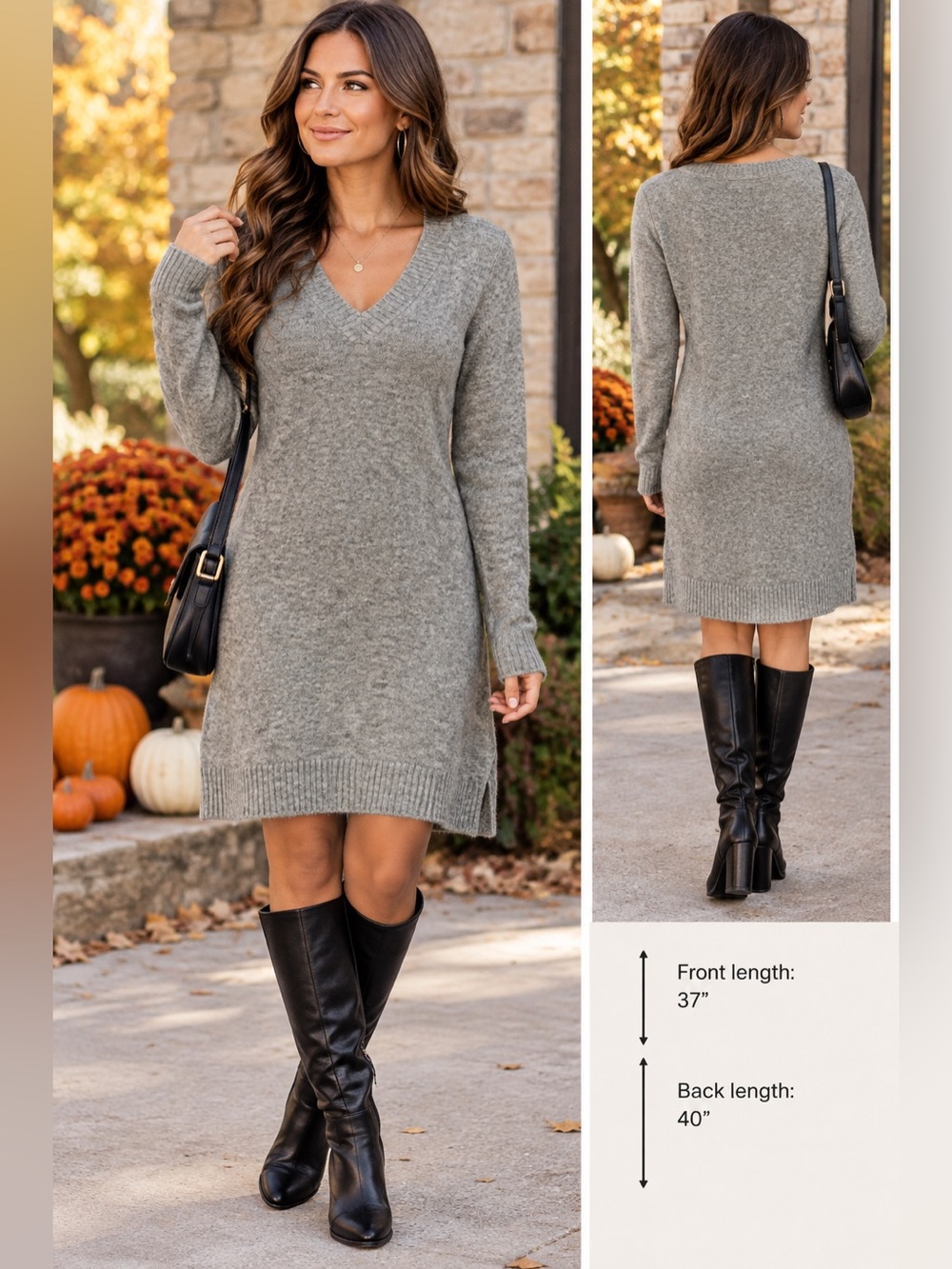 Mystree Gray V-Neck Long Sleeve Sweater Dress Medium M